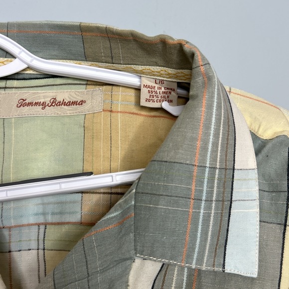 Tommy Bahama Coastal Plaid Camp Shirt Silk Linen Yellow Blue Green XL Relaxed - Picture 2 of 5